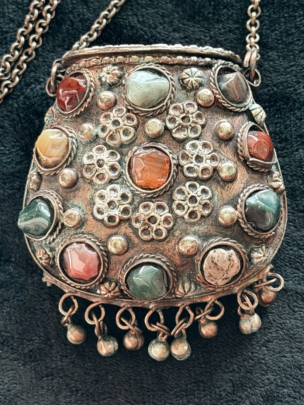 Vintage Tibetan Sajai Metal and Natural Stone Coin Purse Necklace
